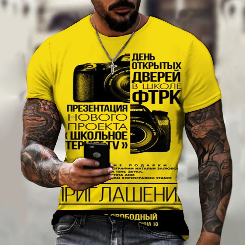 

Летняя уличная футболка с 3d-камерой, Мужская мотоциклетная крутая трендовая футболка с круглым вырезом и короткими рукавами, с рисунком чер...