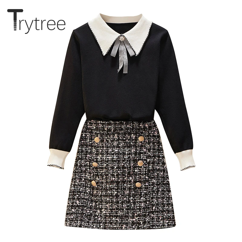 

Trytree 2020 Autumn Winter Two Piece Women Sets Casual Peter pan Collar Bow Knitted Sweater + Mini Plaid Skirt Zip 2 Piece Set
