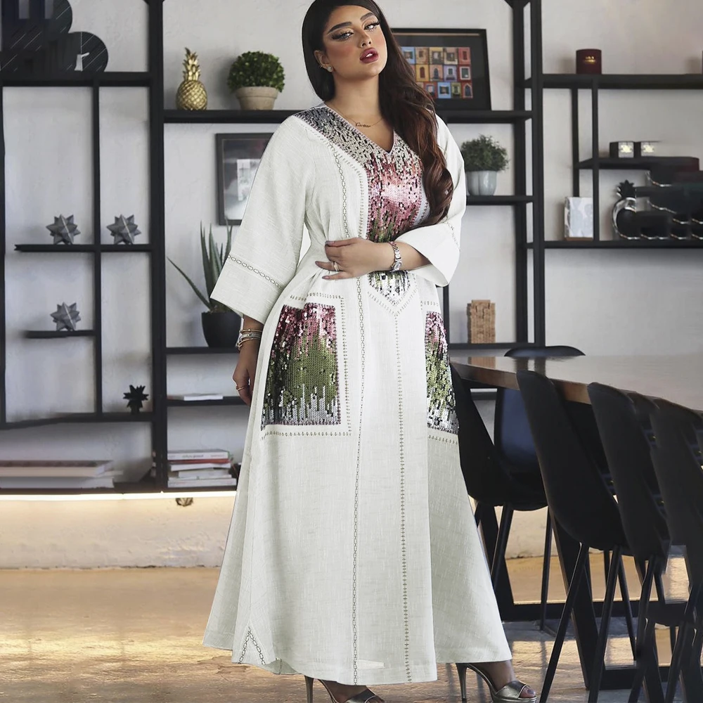 

MD Muslim Fashion Caftan Marocain Dubai Abayas For Women Eid Mubarak Ramadan Islamic Clothing Sequins Shiny Plus Size Dresses