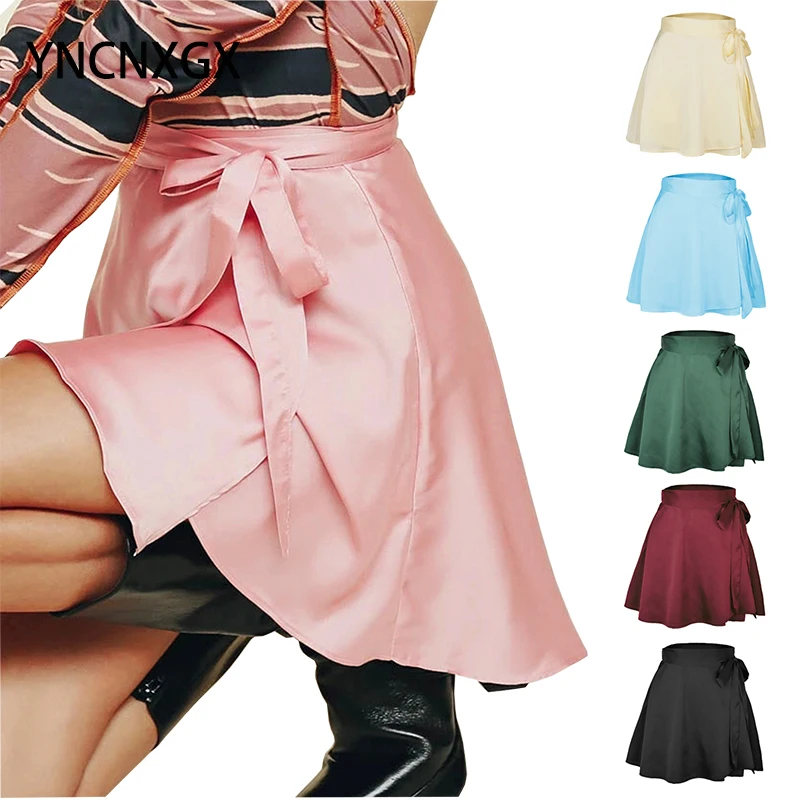 

Solid Color Skirt High Waist Fashion Lace-up Skirt Chiffon Satin A-Line Streetwear