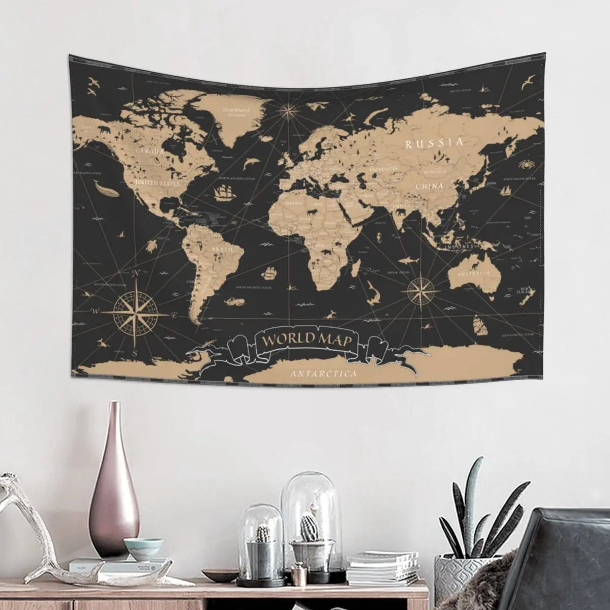 Винтажный настенный гобелен с картой мира из полиэстера в стиле хиппи античный