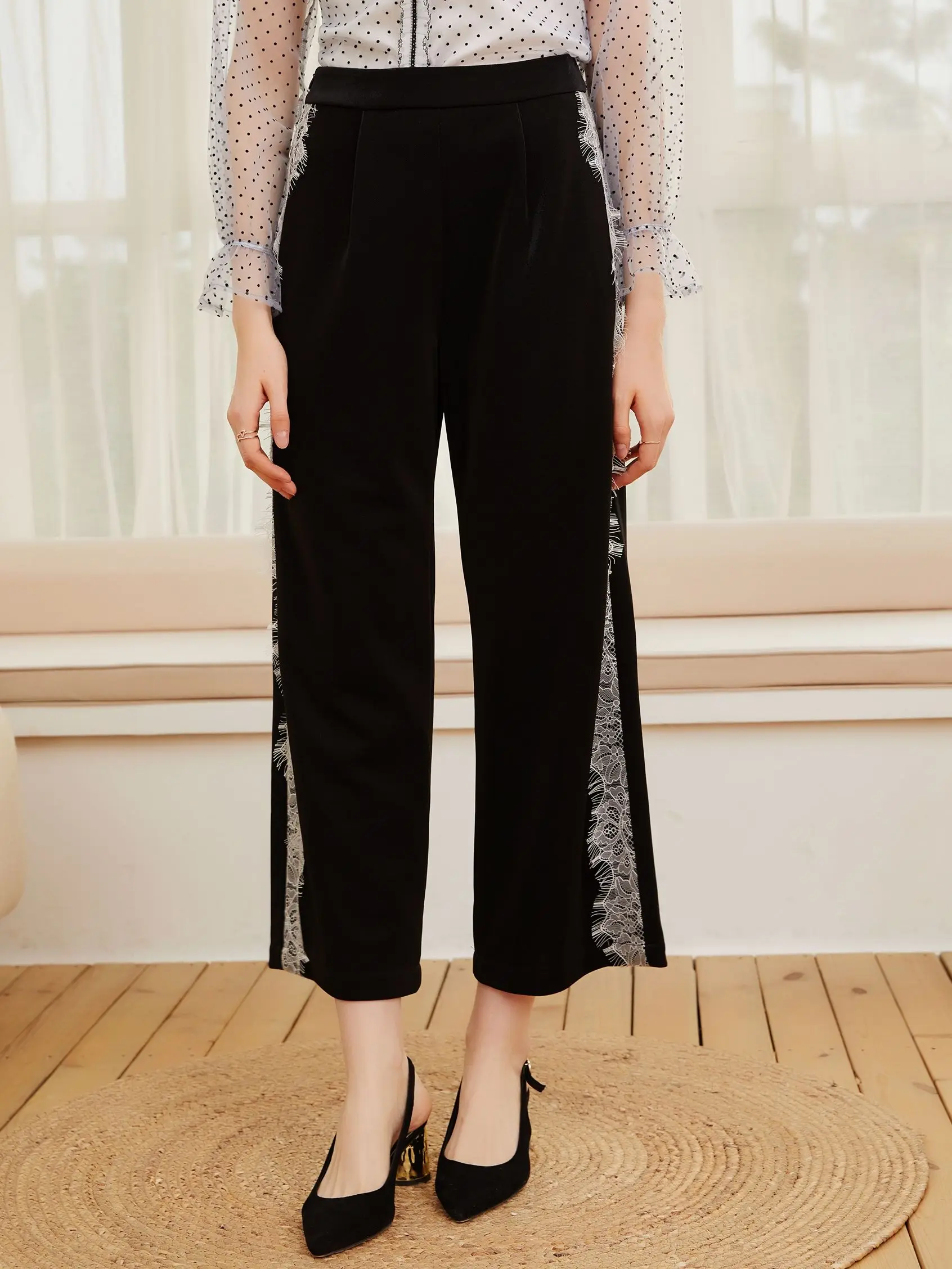 

Strict brand women's clothing 2021 spring and Autumn New Women's temperament lace pants comfortable straight pants middle waist