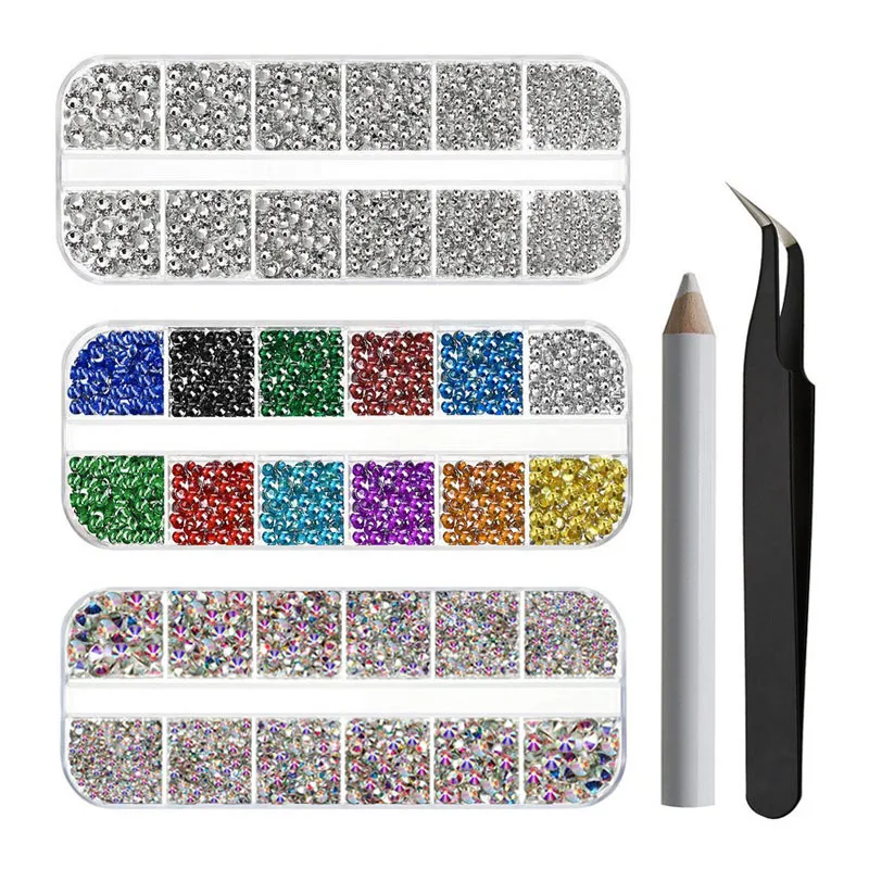 

9000pcs 12 Gird Mix Size Crystal AB Resin Nail Rhinestones Flatback Gem 3D Glitter Nail Art And Clothes Decoration