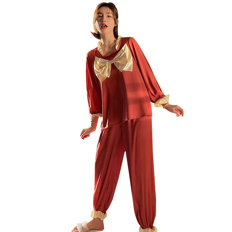 

Princess Style Pajamas Cute Girl 2PCS Pj's Sets Women Outfits With Big Bow Long Sleeve Sleepwear Sweet Square Collar Pyjamas