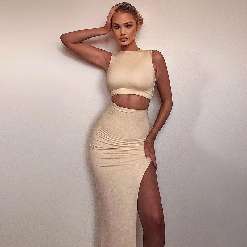 

2021 Women's Summer Tight-fitting 2-piece Women's Short Crop Top with Split Legs Long Skirt Suit Beach Solid Pullover O-Neck