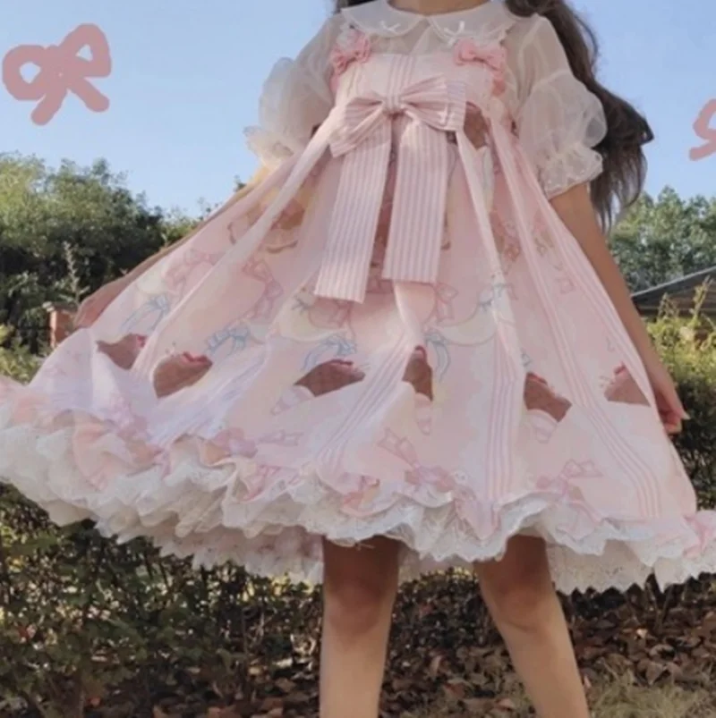 

Sweet lolita strap dress vintage bowknot cute printing high waist princess victorian dress kawaii girl gothic lolita cos loli