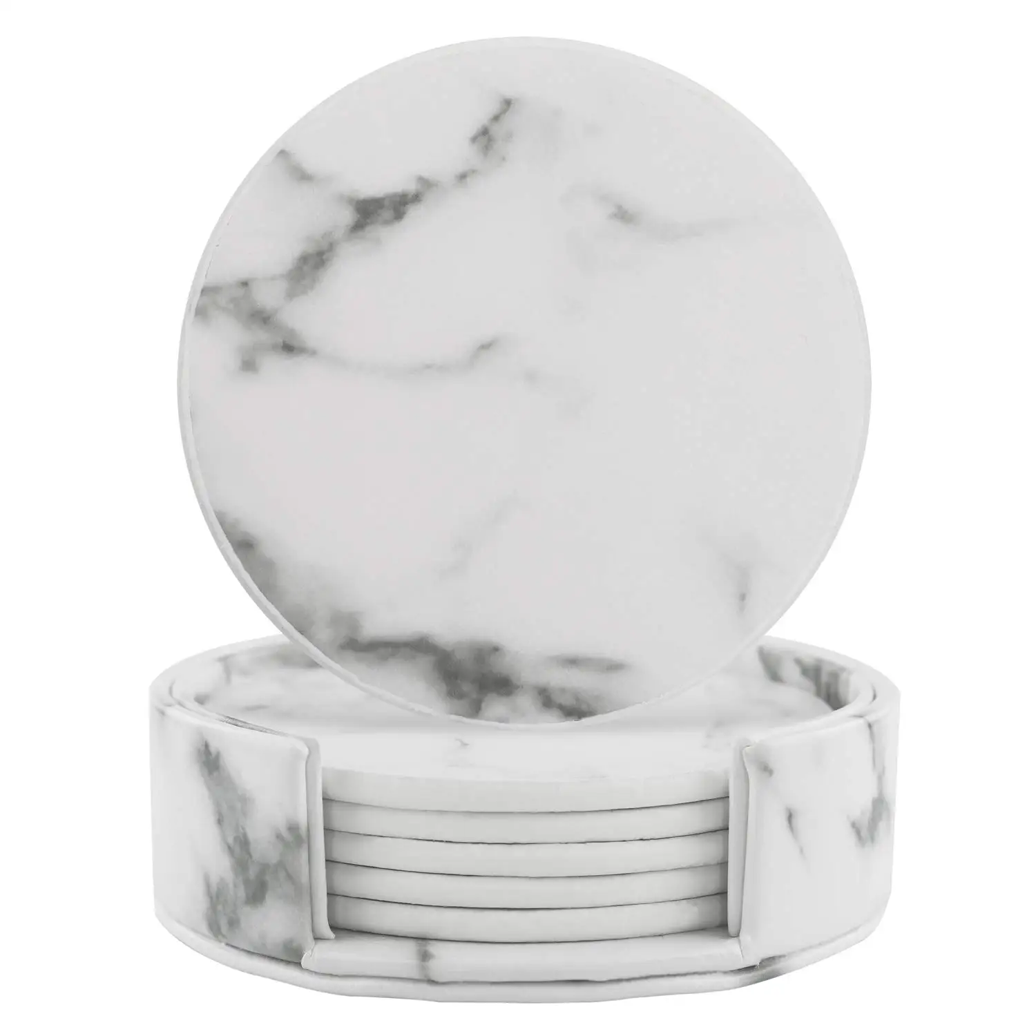 6 pcs Marble Coasters with Holder for Drinks Leather Round Cup Mat Pad Home and Kitchen Housewarming Gift | Дом и сад