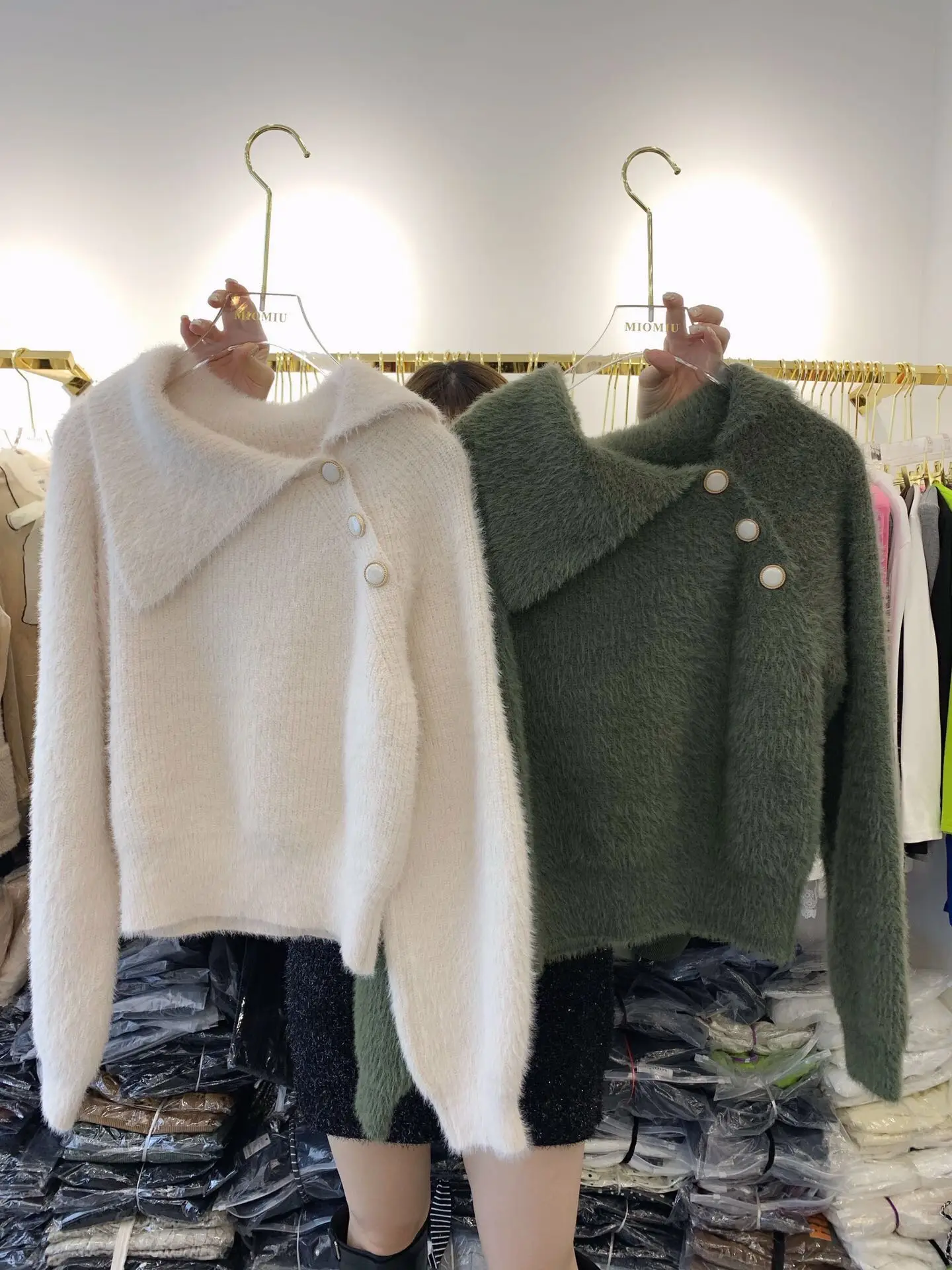 

Women Sweet Sweaters New 2020 Autumn Winter Turn Down Collar Pullover Sweaters Ladies Fluffy Button Knitted Tops