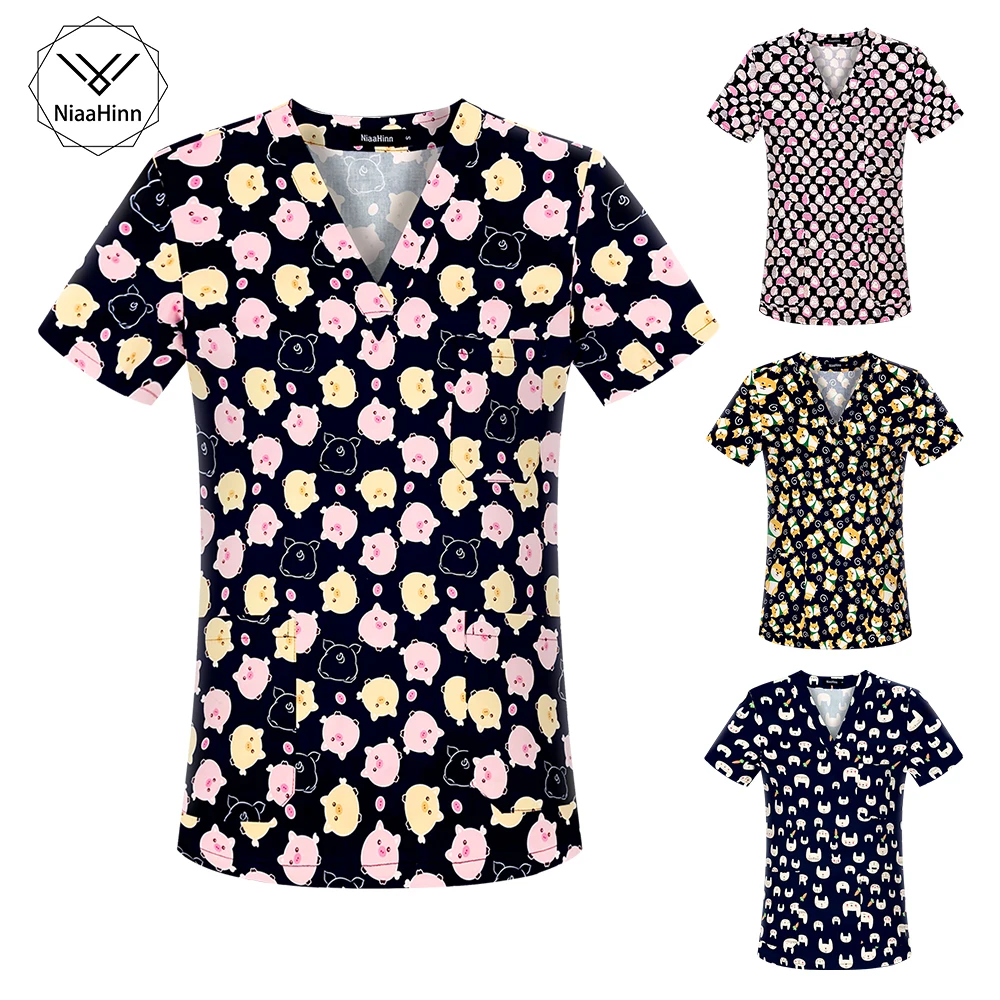 

Uniforme Enfermera Women Short Sleeve V-neck Animal Print Tops Nurse Overalls Work Scrubs Uniform Blouse medikal na damit