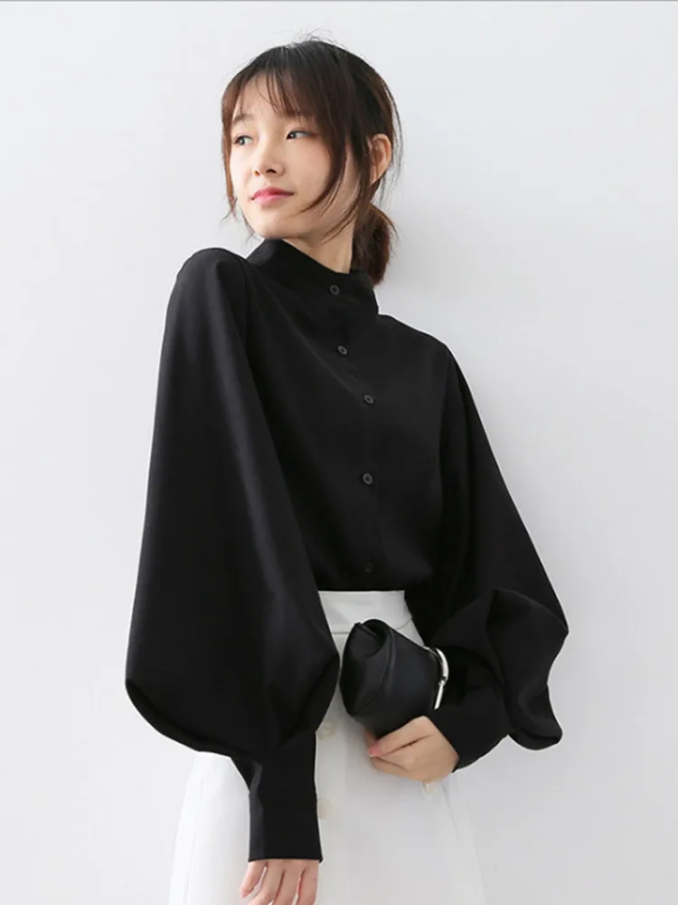 

2020 New Hong Kong Style Retro Stand-UP Collar Single-Beasted Temperament Lantern Sleeve All-Match Casual Shirt