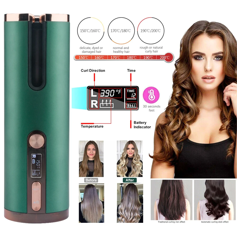 

Cordless Automatic Hair Curler LCD Display Ceramic USB Rechargeable Curling Iron Curls Waves Curly Rotating Curling Wave Styler