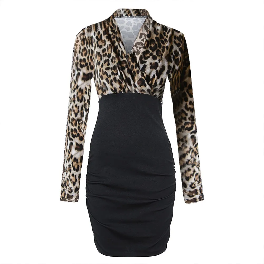 

Womens Ball Gown Animal Print Cocktail Dress Long Sleeve Zebra Panther V-Neck Long Sleeve Lace Loose Style