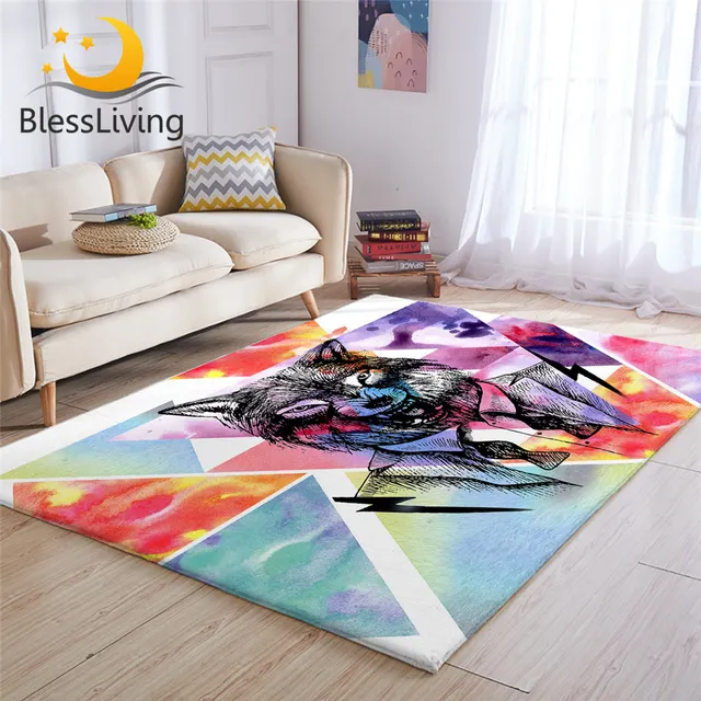 BlessLiving Wolf Large Carpets for Living Room Geometric Floor Mat Watercolor Area Rug Cartoon Animal Alfombra Dormitorio 1pc 1