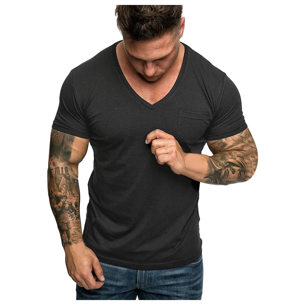 Однотонная футболка для мышечного человека с v образным вырезом повседневная