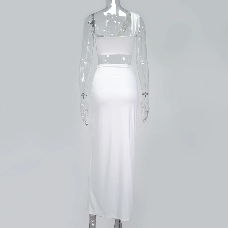 

Colysmo Summer White Crop Top Long Skirts Two Piece Set Women Beach Party Club Sexy One Shoulder Twist Pleats 2 Piece Outfits