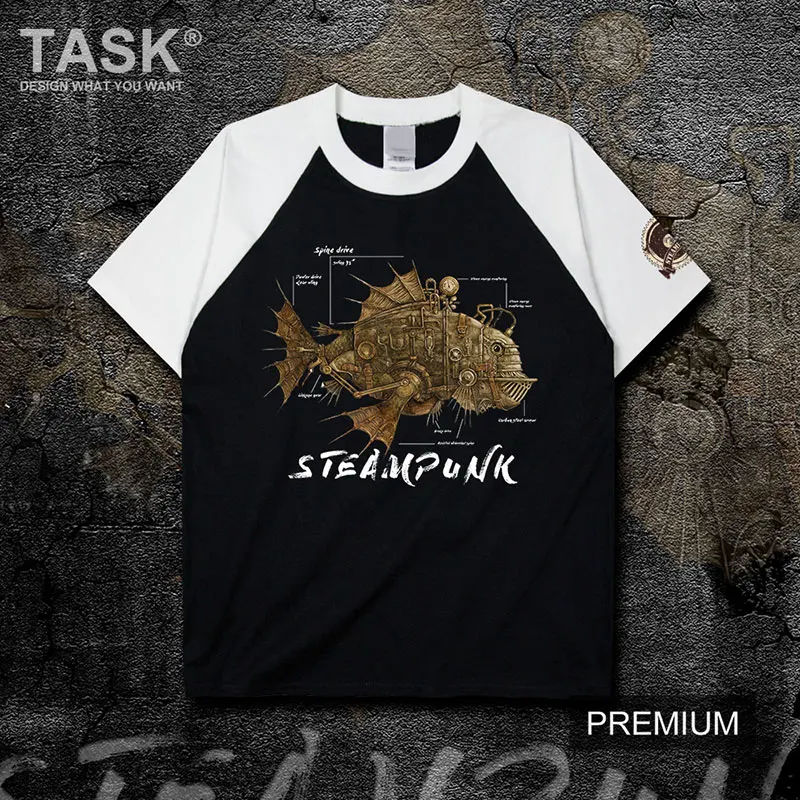 Футболка в стиле стимпанк с изображением механической летящей рыбы хлопковая