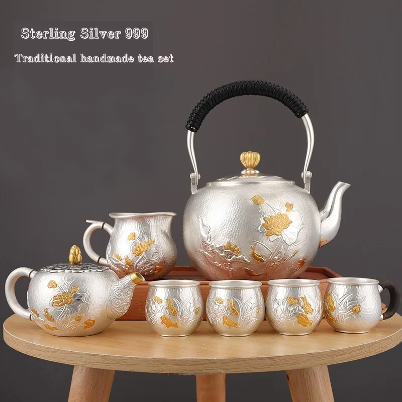 Juego de t&eacute; hecho a mano de plata de ley 999, tetera japonesa retro, tetera para el hogar, oficina, ceremonia del t&eacute;, Kungfu, 1300ml-0