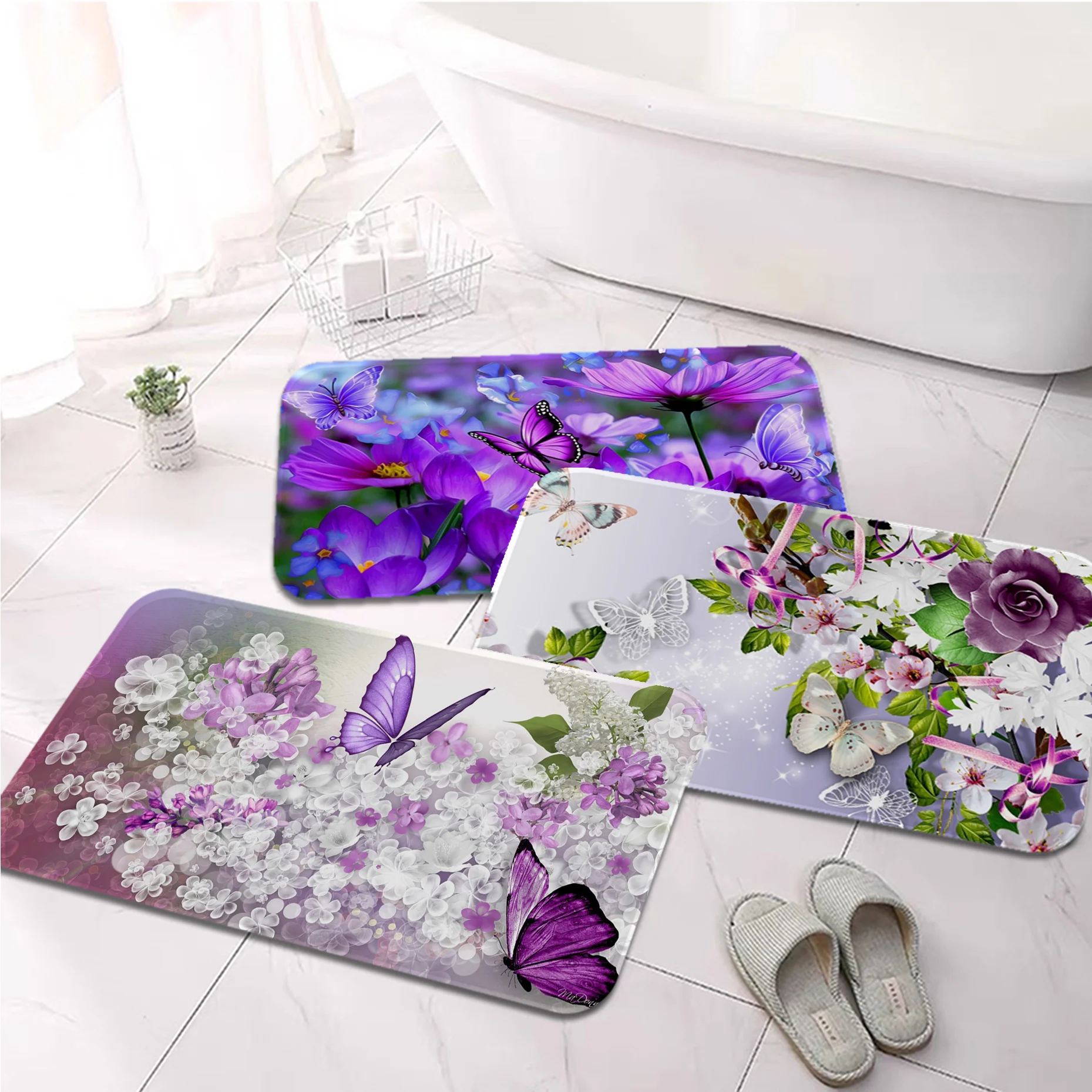

Светильник-фиолетовый фланелевый напольный коврик с принтом бабочки, декоративный ковер для ванной комнаты, нескользящий коврик для гости...