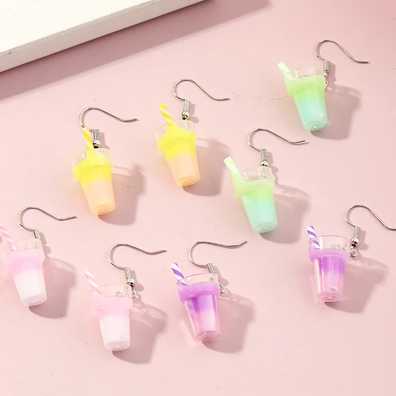 

Creative Drinking Beverage Cup Earrings Small Fresh Cute Multicolor Resin Milk Tea Cup Hook Dangle Earrings Jewelry For Girls