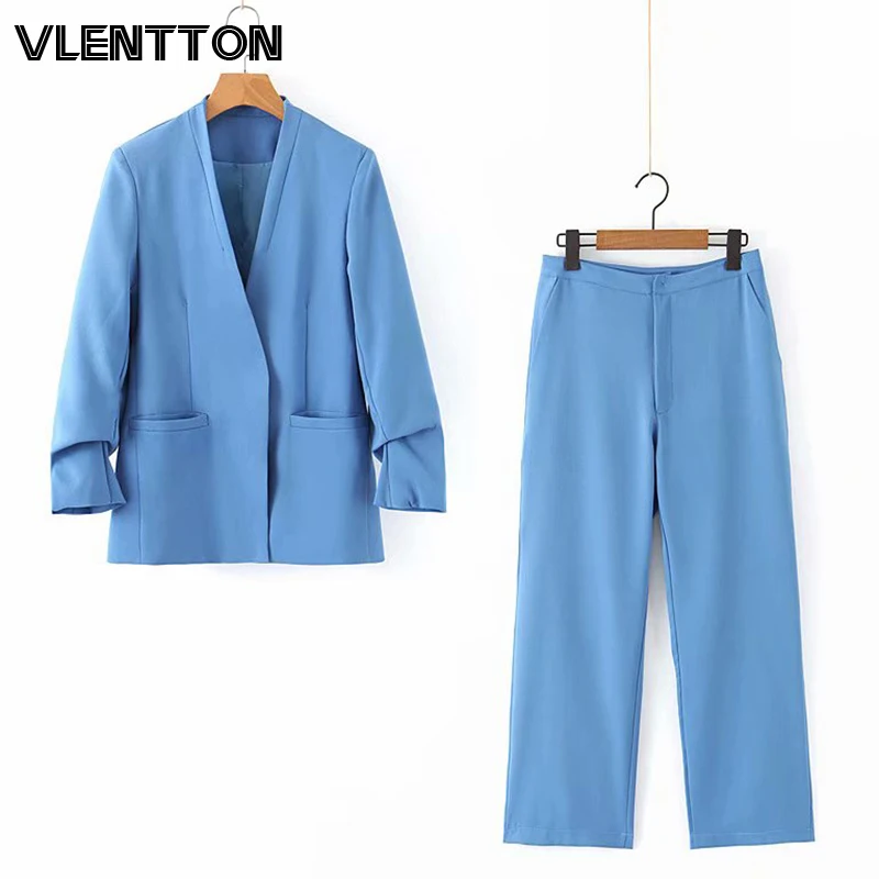 Женский офисный костюм из двух предметов синий пиджак с V образным вырезом и