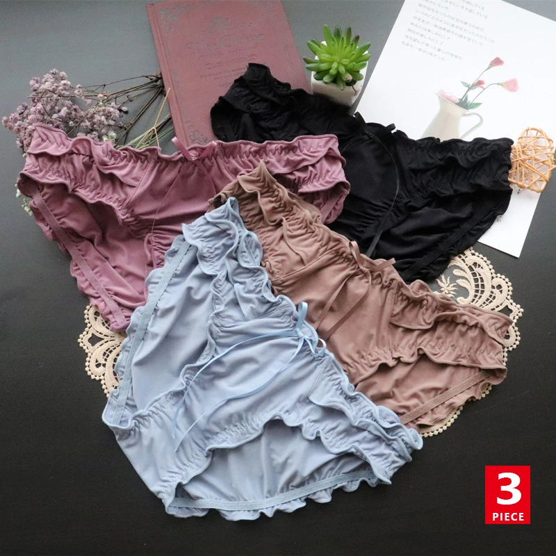 

3Pcs/Lot Sexy Women's Panties Underwear Girl/Student Elastic Ruffle Underwear Mid Waist Hip Lifting Briefs Cotton Lovely Panties