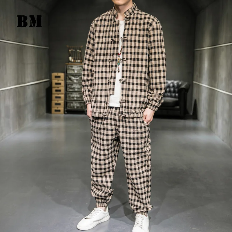 

Chinese Style Loose Plus Size Plaid Suit 5XL 2021 Spring Autumn Tang Suit Men'S Clothing Fashion Harajuku Jogging Male