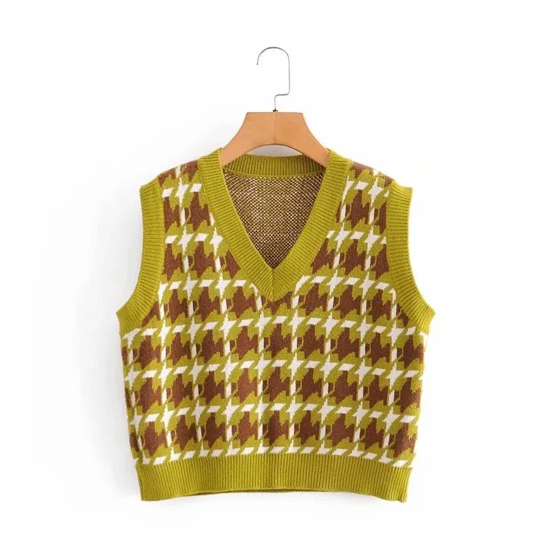 

Sweater Lady Top Knitted Grid V-neck Sleeveless Knitted Vest Women's Wear Loose Short Knitted Pullover Vest