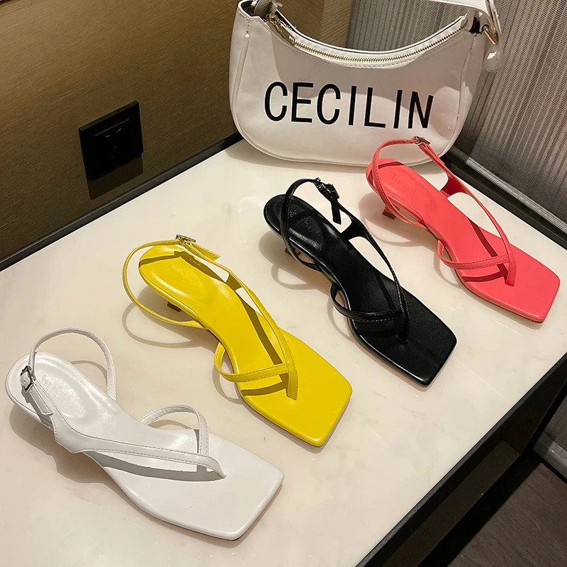 

2021 Ankle Strap Women Luxury Sandals Summer Fashion Narrow Band Dress Shoes Low High Heel Ladies Gladiator Yellow Orange Sandal