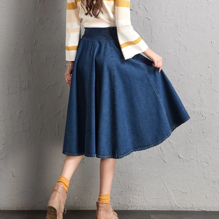 Женская джинсовая юбка с завышенной талией трапециевидная из денима большие