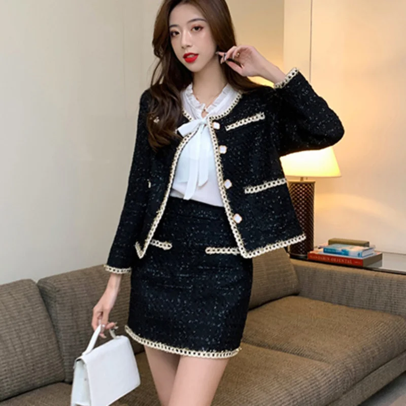 

Autumn Winter Vintage Tweed 2 Piece Set Women Woolen Short Jacket Coat Crop Top + Skirts Sets Fashion Streetwear Two Piece Suits