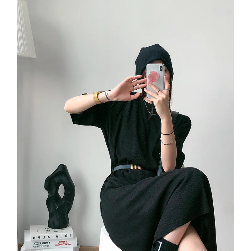 

COIGARSAM Knitting Women dress New Summer Short Sleeve Loose Dresses Black 2464