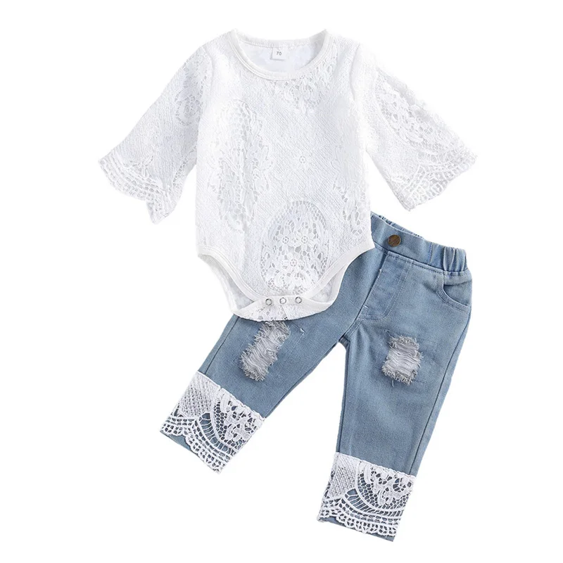 

Pudcoco 3-24M 2Pcs Autumn Kids Baby Girls Clothes Sets Lace Flowers Long Sleeve Romper Bodysuit Tops+Blue Denim Pants Outfit