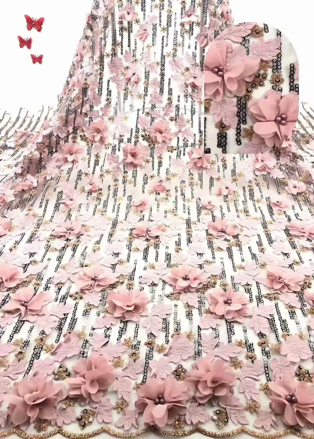 Горячая Распродажа розовые ручной работы французские бисерные кружевные ткани/3d