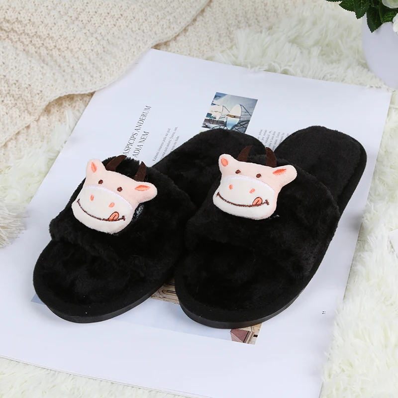 

Ginchasio Women Slippers Faux Fur Fluffy Winter Short Plush Cartoon Cow Green Color Cow Animals Fuzzy Cozy Home Furry Slippers
