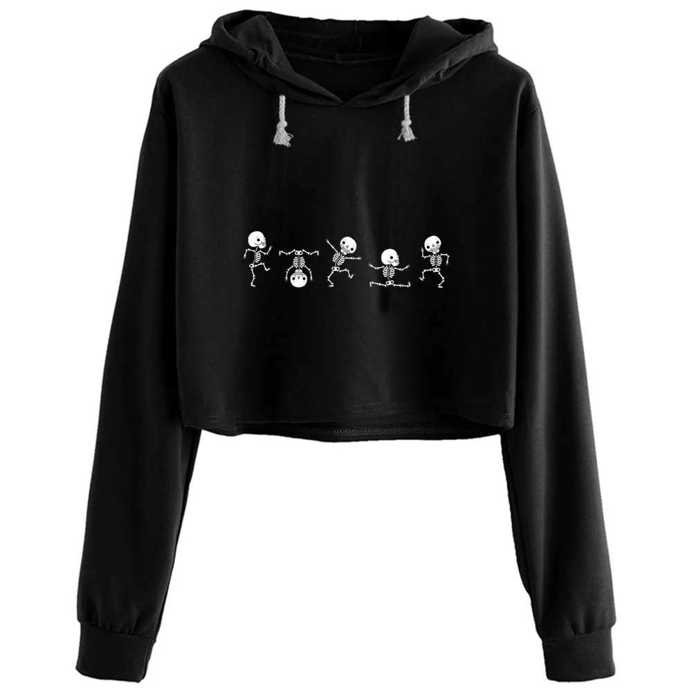 

Cute Skeletons Dancing Funny Dance Skull Crop Hoodies Women Y2k Kawaii Goth Grunge Pullover For Girls