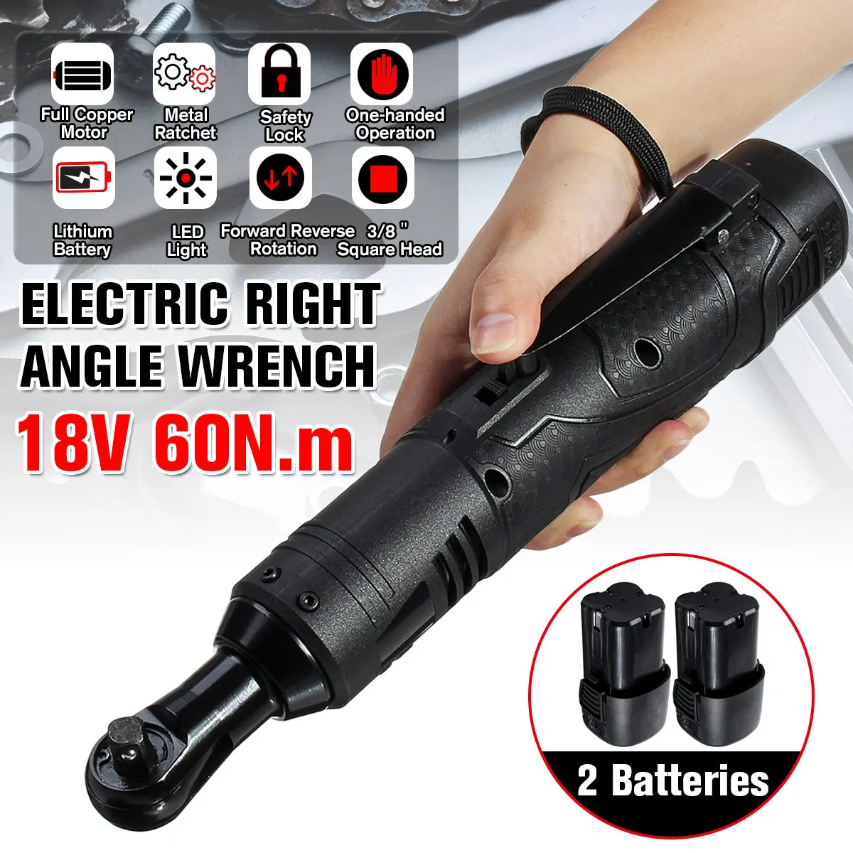 

18V 3/8" Cordless Electric Wrench Ratchet with 2 Battery LED Light Right Angle Ratchet Rechargeable 60N.m Torque Power Tool