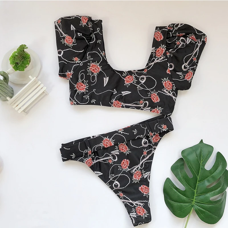 In-X Peacock print sexy bikini Short sleeve swimsuit female V neck swimwear women High waist bikini set Summer bathing suit