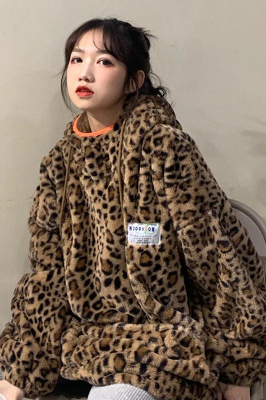 

Thick Plush Hooded Coat for Women Autumn and Winter All-Matching New Loose Long Sleeve Vintage Leopard Print Sweater Fashion