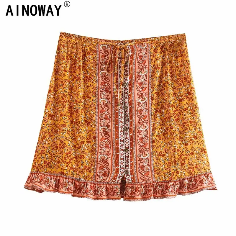 Винтажная шикарная хиппи женская красная пляжная богемная юбка с цветочным