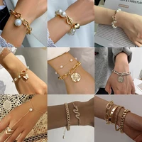 punk 2021 gold color charm chain bracelets for women pearl coin butterfly alloy bangle bracelets fashion bohemian jjeewelry