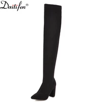 daitife womens new autumn and winter products are thin and versatile leather high tube stretch thick heeled thin knight boots