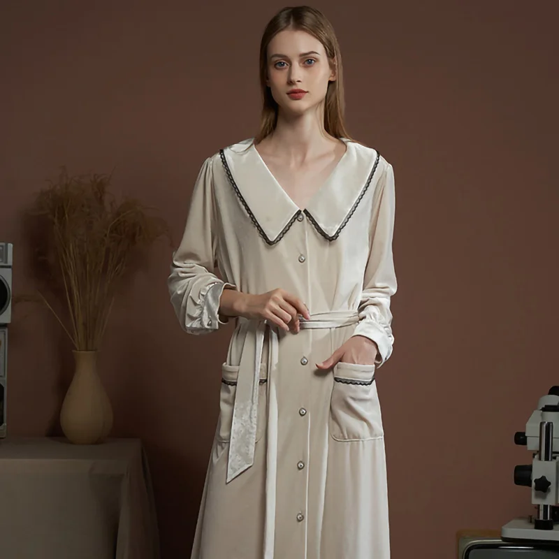 

Long knee length Nightgown women's pajamas autumn winter new velvet doll neck long sleeve lace up single breasted home clothes