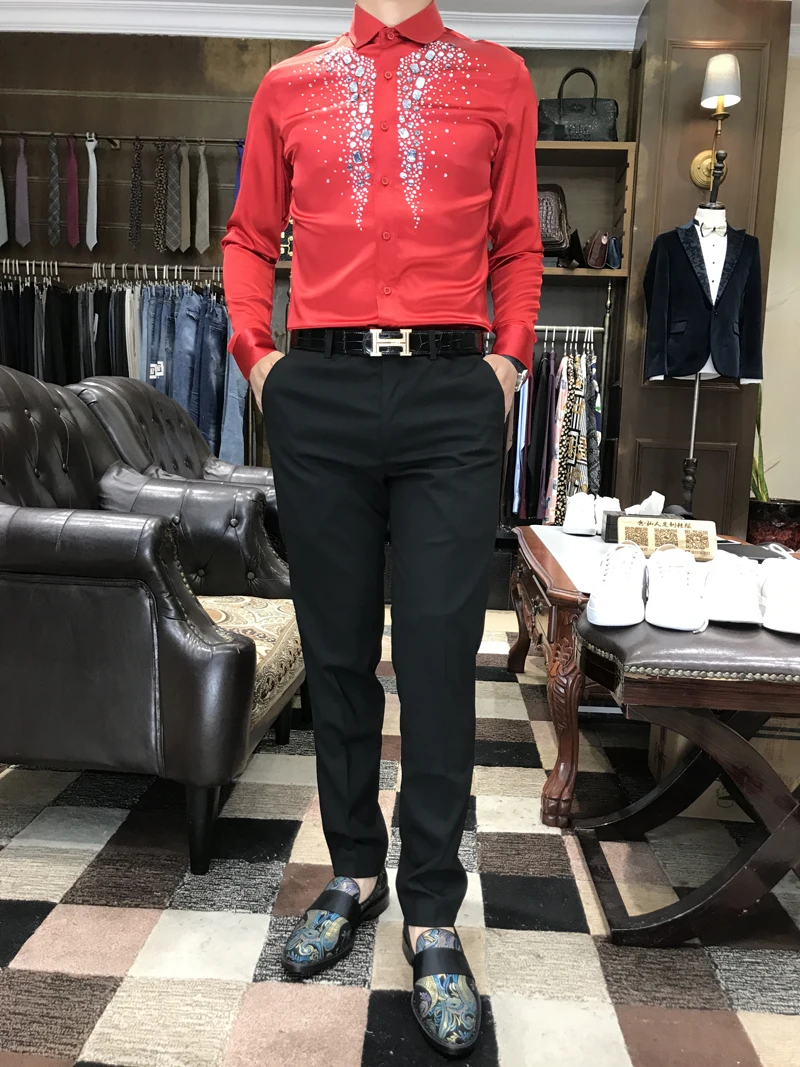 2020 New Brand Fashion Casual Men Shirts Business Slim Fit Red diamond sequins Auger Social Shirt Male Singer Stage Mens Shirt