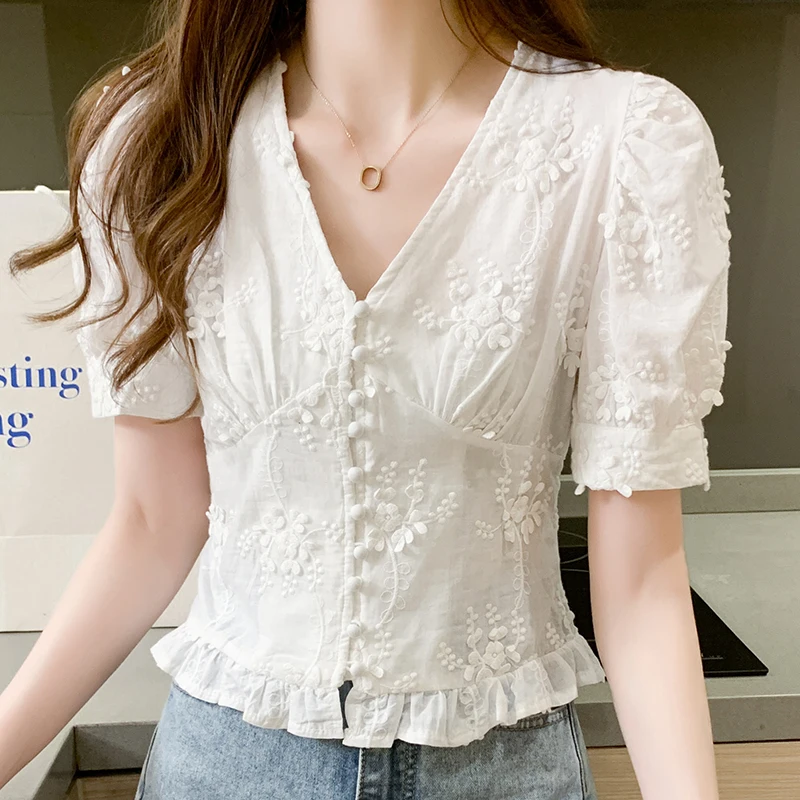 kawaii lace flower embroidered short sleeve summer white v neck crop tops puff sleeve korean blouse shirts women fashion C234