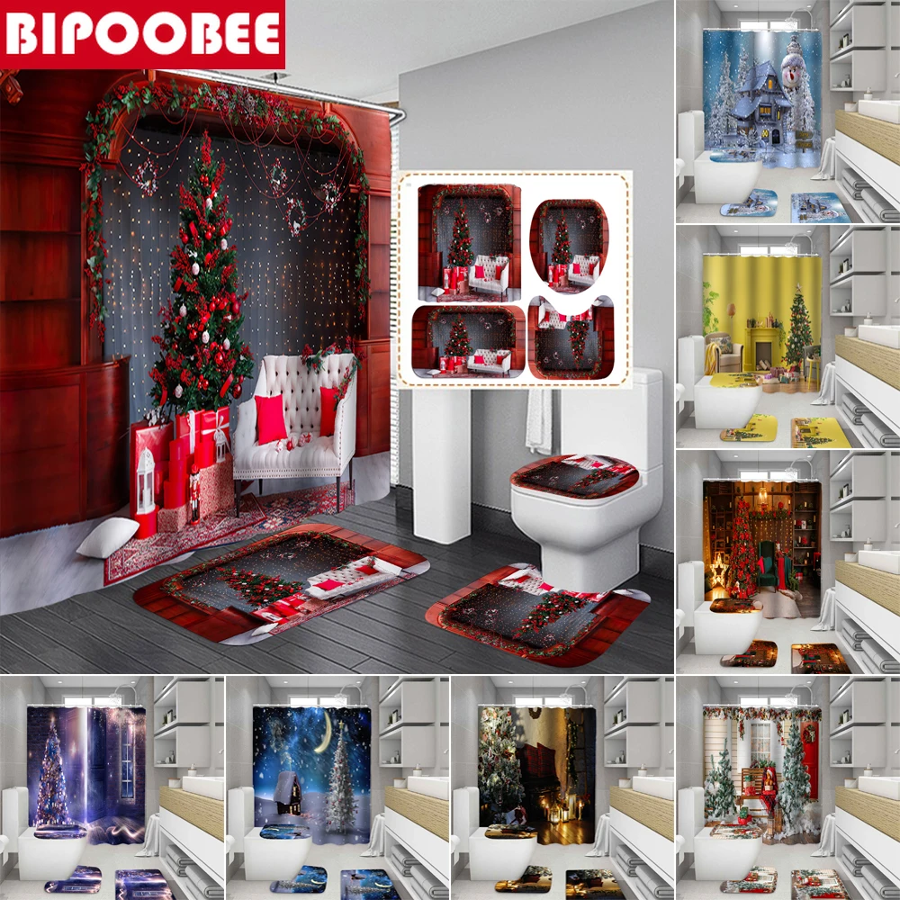

Merry Christmas Fireplace Bathroom Shower Curtain 3d Print Xmas Parlour Bath Curtain Floor Mats Toilet Lid Cover Non-Slip Carpet