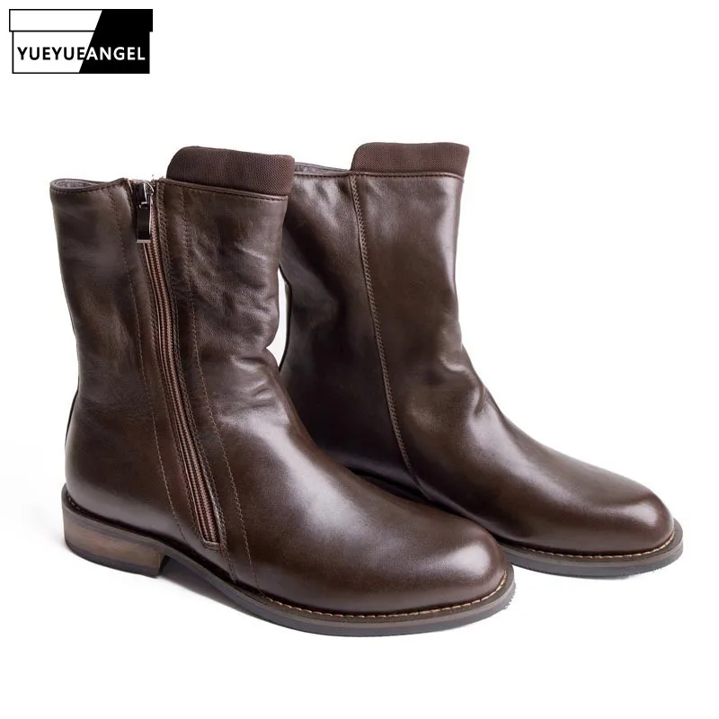 Ботинки мужские из натуральной кожи на молнии зимние в стиле милитари | Обувь