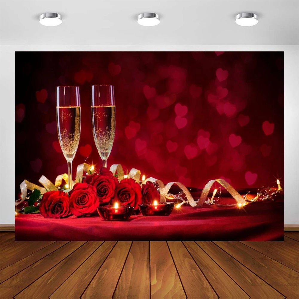 

Valentine's Day Background Vinyl Rose Flower Champagne Wine Glass Love Heart Photography Backdrop Photophone Wedding Photocall