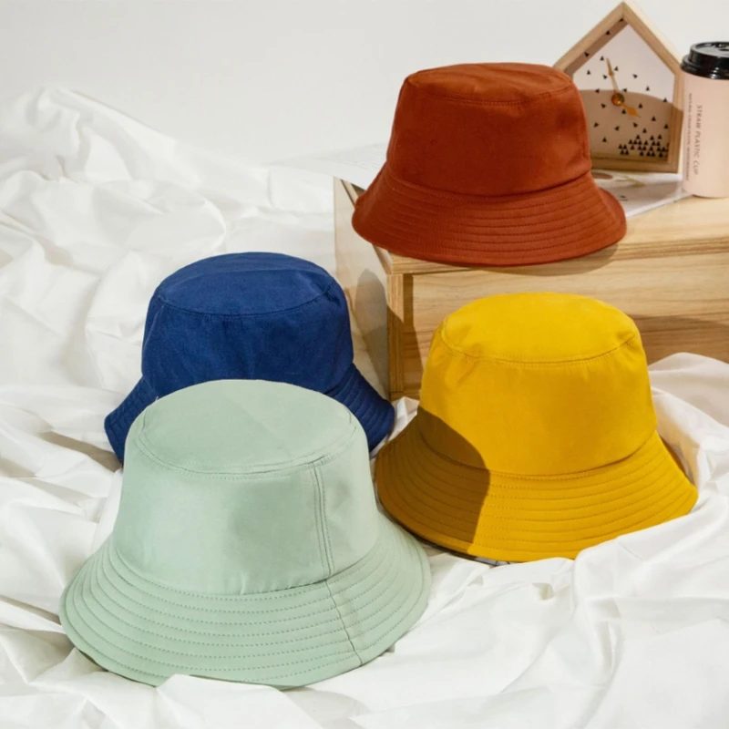 

Q1FA Korean Adult Kids Summer Foldable Bucket Hat Solid Color Hip Hop Wide Brim Beach UV Protection Round Top Sunscreen Cap