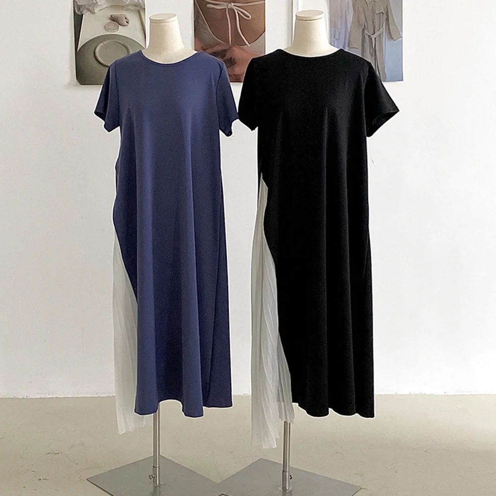 

Chic Women Dress Color Block Japanese Korean Solid Color O Neck Color Short Sleeve Patchwork Female Dresses Simple Robes