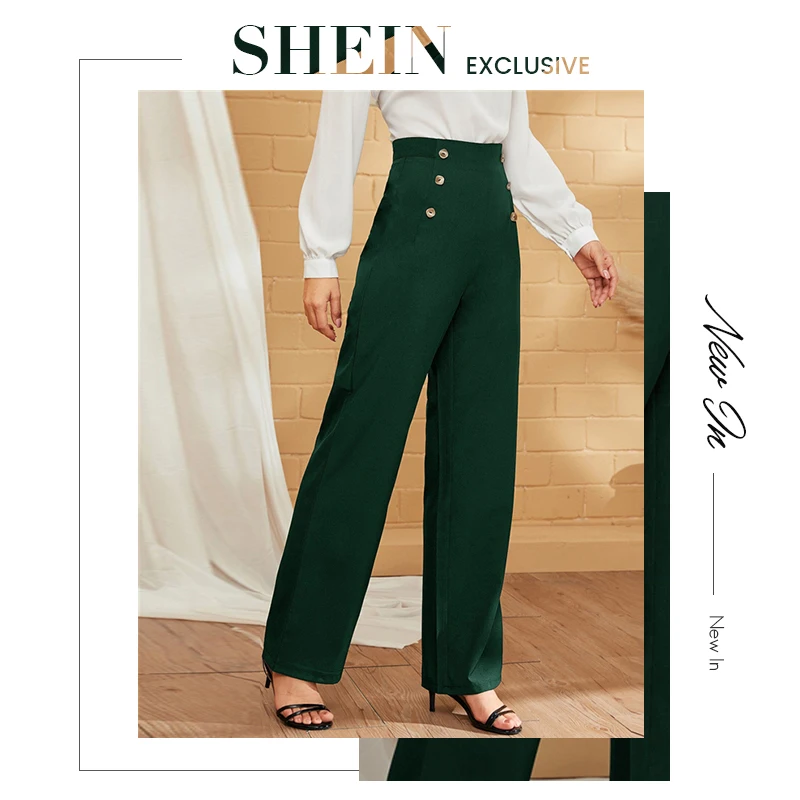 SHEIN Green двубортные прямые однотонные длинные брюки женские осенние с высокой талией прямые элегантные офисные платья Брюки